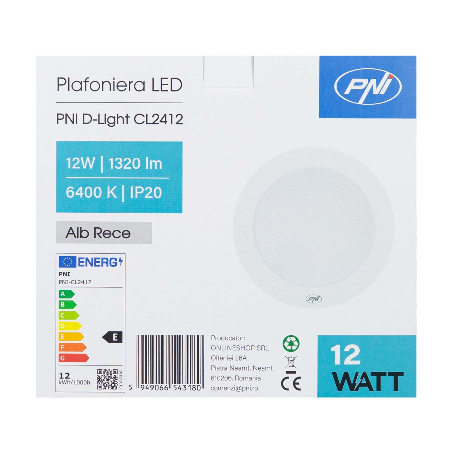 Plafoniera LED PNI D-Light CL2412 12W, rotunda 16.7 cm, 6400K, alimentare 230V, 1320 lm, alb rece