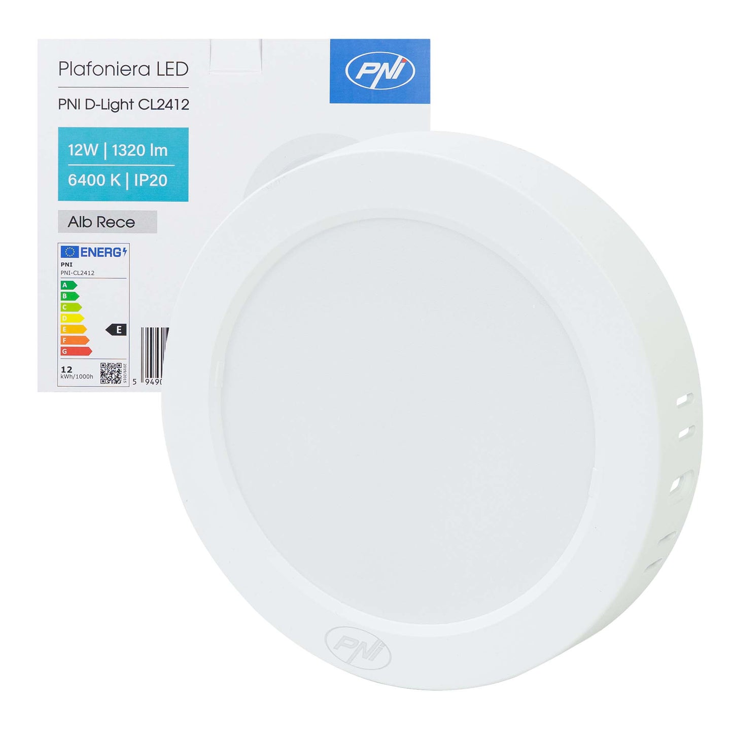 Plafoniera LED PNI D-Light CL2412 12W, rotunda 16.7 cm, 6400K, alimentare 230V, 1320 lm, alb rece