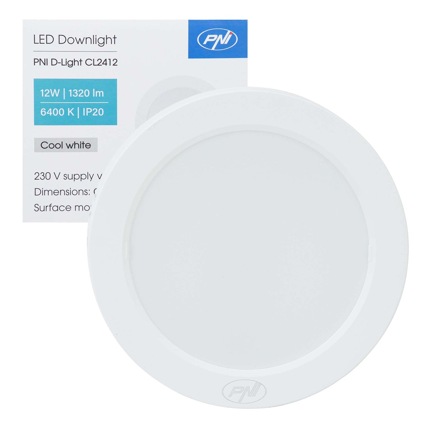Plafoniera LED PNI D-Light CL2412 12W, rotunda 16.7 cm, 6400K, alimentare 230V, 1320 lm, alb rece