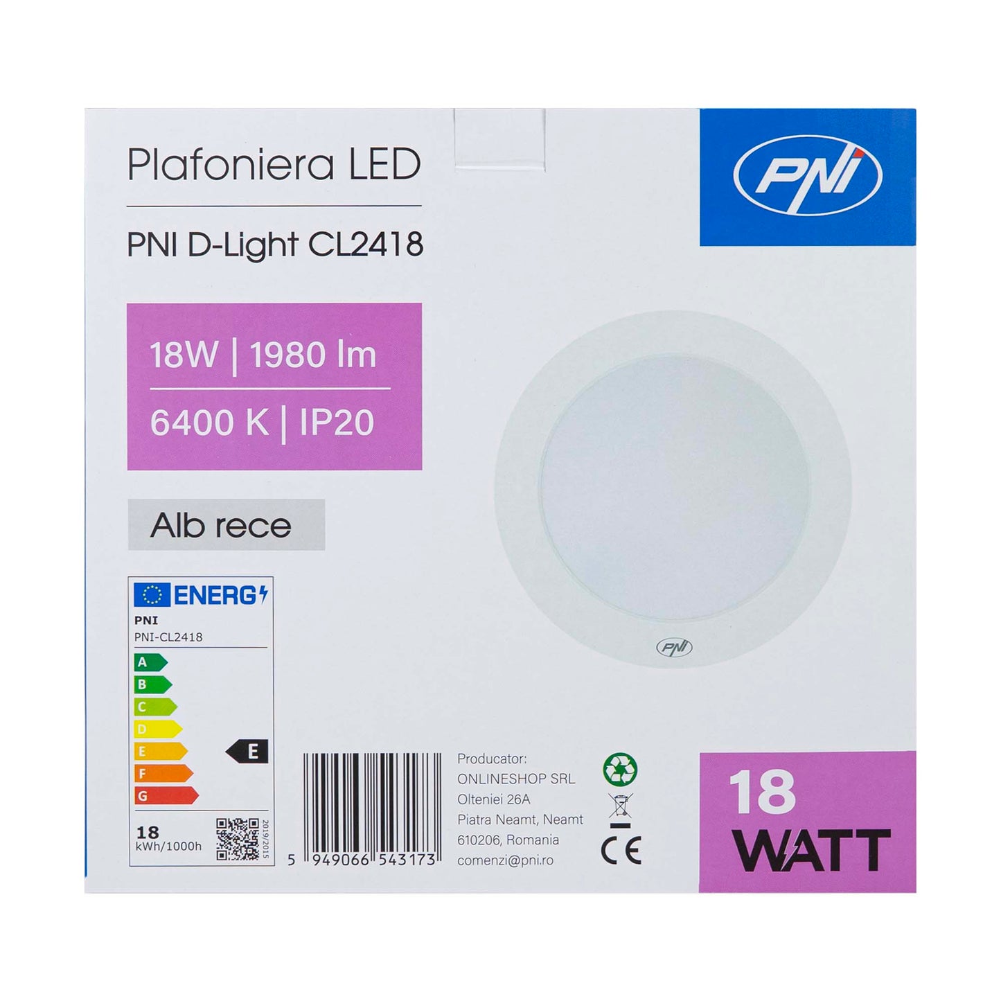 Plafoniera LED PNI D-Light CL2418 18W, rotunda 21.7 cm, 6400K, 230V, 1980 lm, alb rece