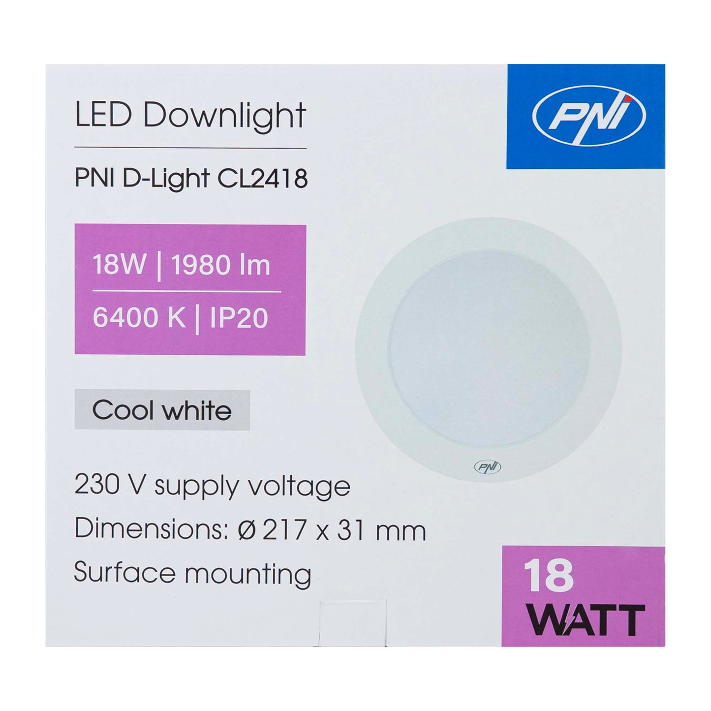 Plafoniera LED PNI D-Light CL2418 18W, rotunda 21.7 cm, 6400K, 230V, 1980 lm, alb rece