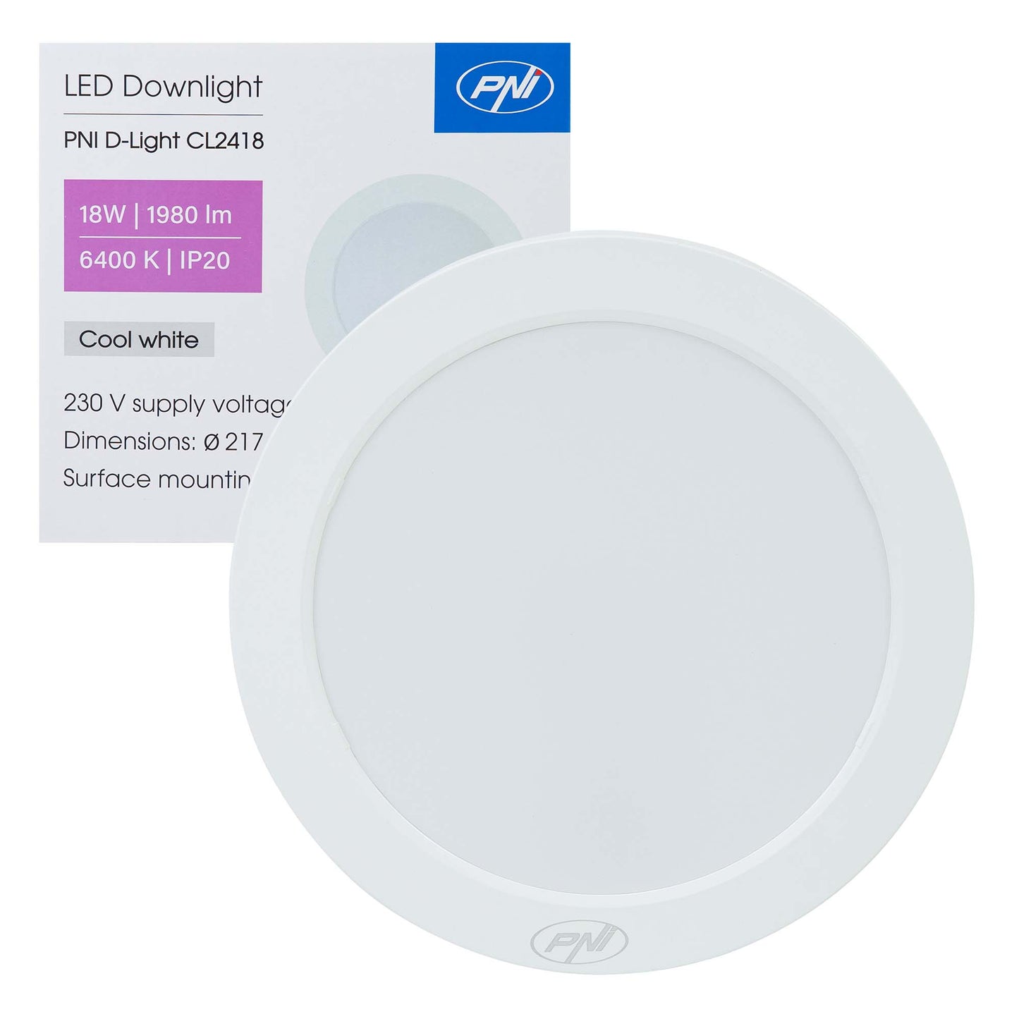Plafoniera LED PNI D-Light CL2418 18W, rotunda 21.7 cm, 6400K, 230V, 1980 lm, alb rece