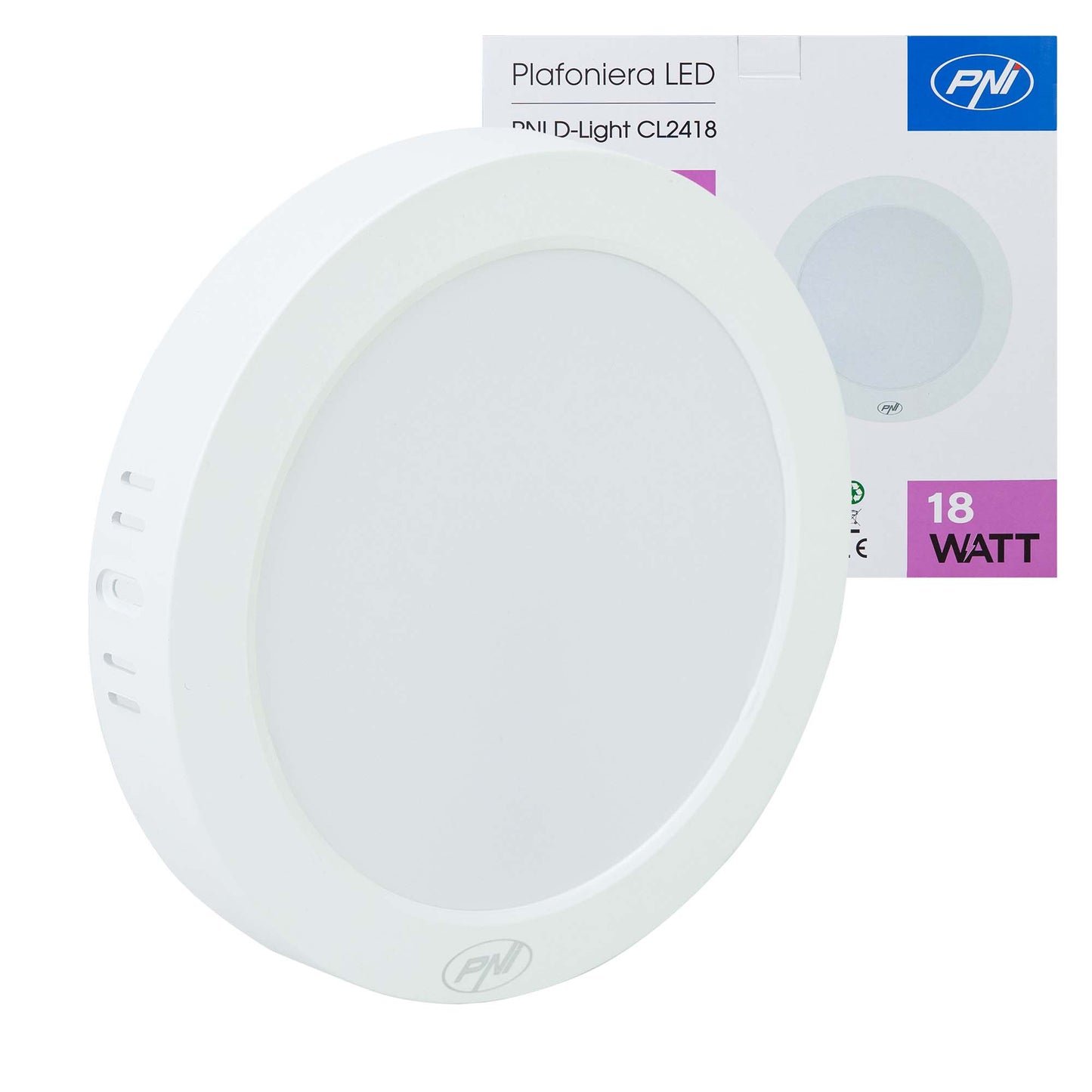 Plafoniera LED PNI D-Light CL2418 18W, rotunda 21.7 cm, 6400K, 230V, 1980 lm, alb rece