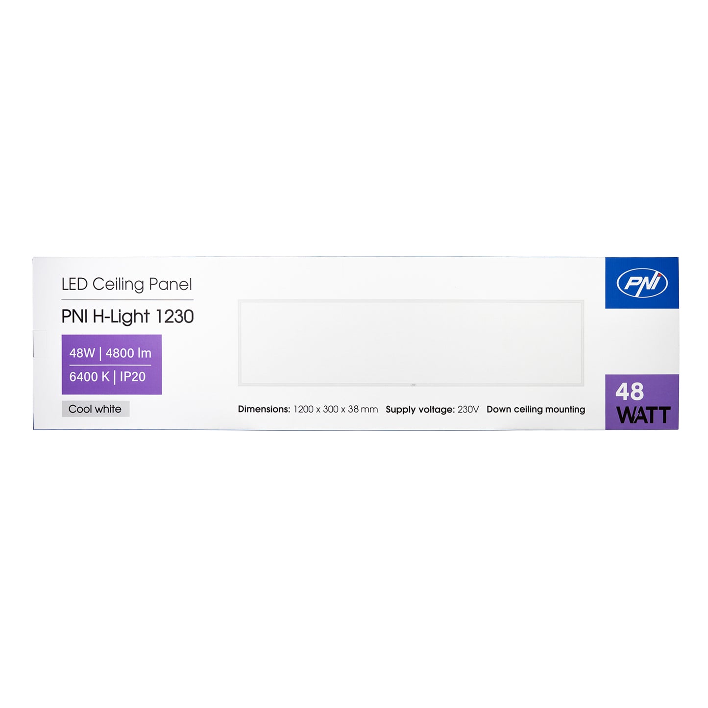 Panou LED PNI H-Light 1230 48W, 1200x300mm, 4800lm, 6400K, de interior, incastrabil, alb rece