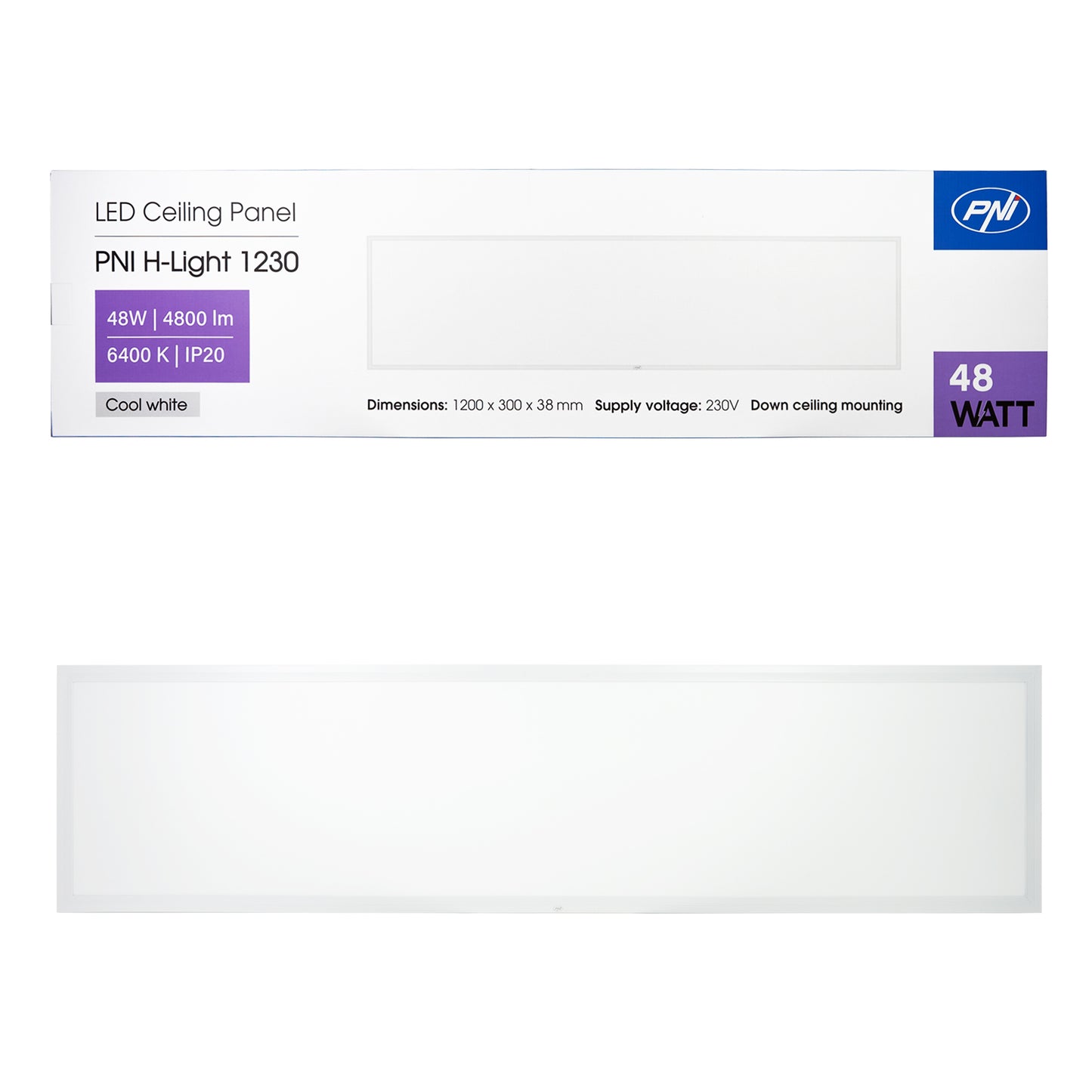 Panou LED PNI H-Light 1230 48W, 1200x300mm, 4800lm, 6400K, de interior, incastrabil, alb rece