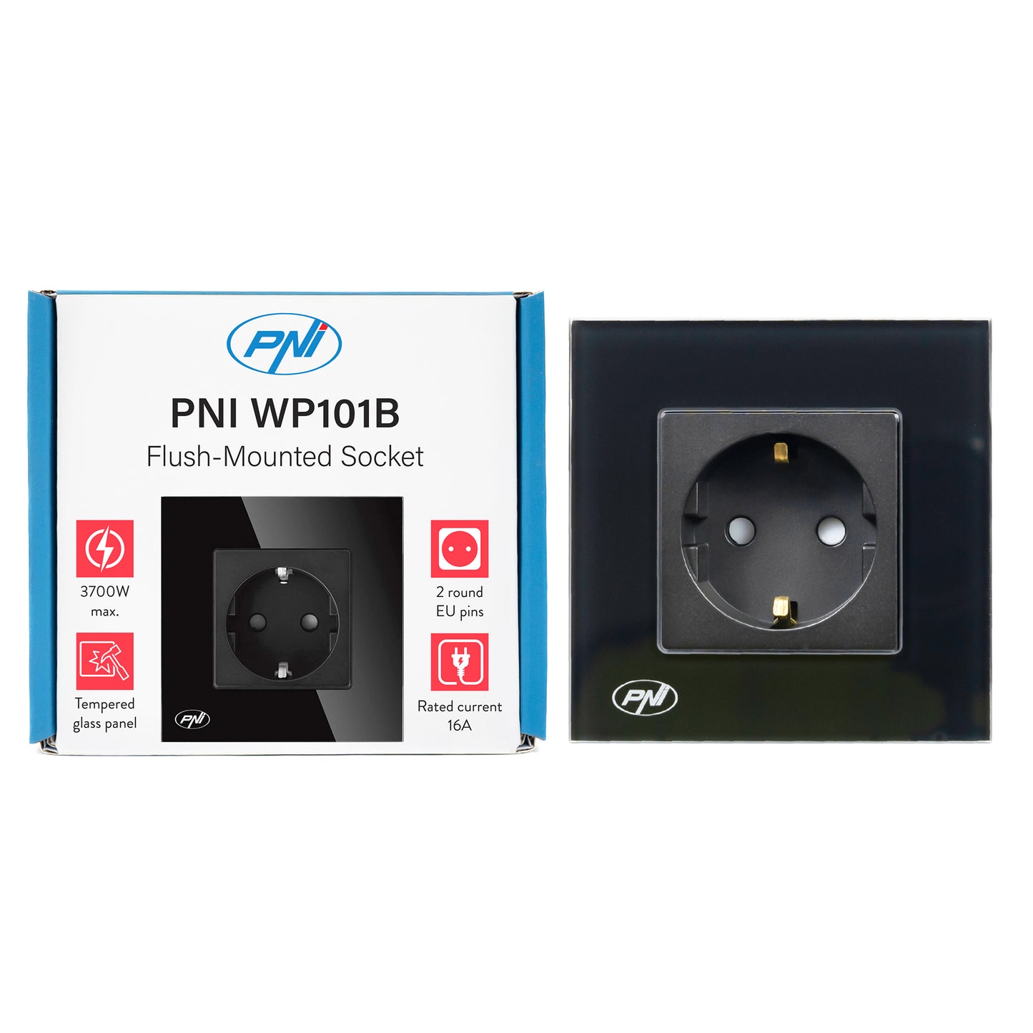 Priza simpla incastrabila PNI WP101B, cu rama din sticla, 16A, 3700W, 230V, negru