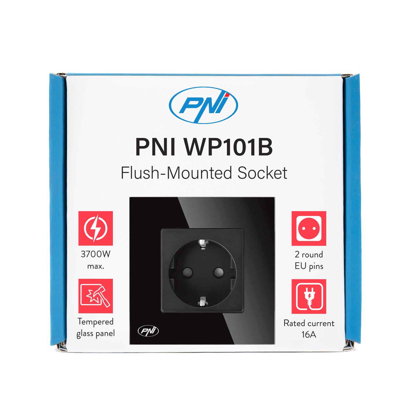 Priza simpla incastrabila PNI WP101B, cu rama din sticla, 16A, 3700W, 230V, negru