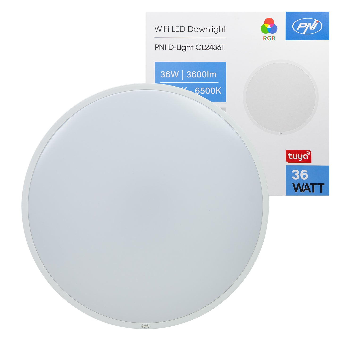 Plafoniera LED PNI D-Light CL2436T Wi-Fi, RGBW, 36W, dimabila, rotunda 41 cm, 3000K-6500K, alimentare 230V, 3600 lm, alb, control din Tuya app