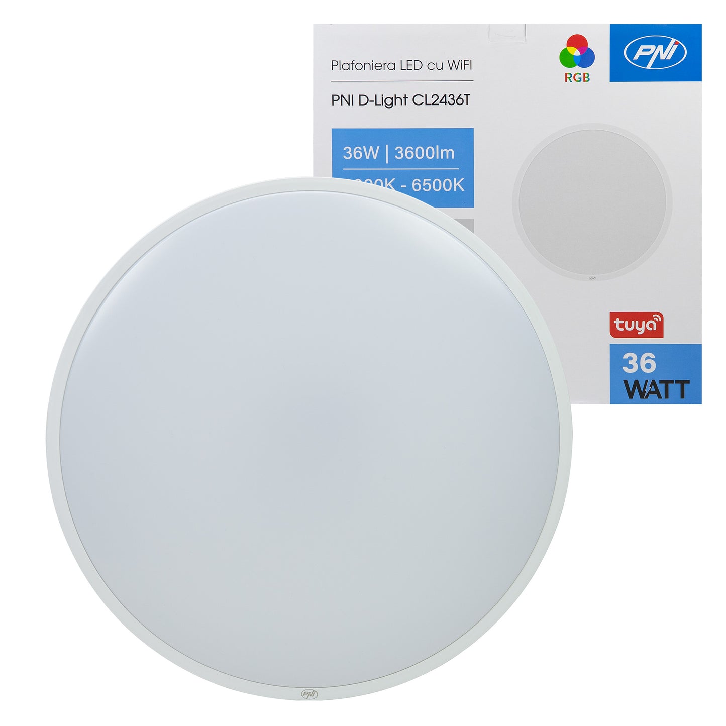 Plafoniera LED PNI D-Light CL2436T Wi-Fi, RGBW, 36W, dimabila, rotunda 41 cm, 3000K-6500K, alimentare 230V, 3600 lm, alb, control din Tuya app