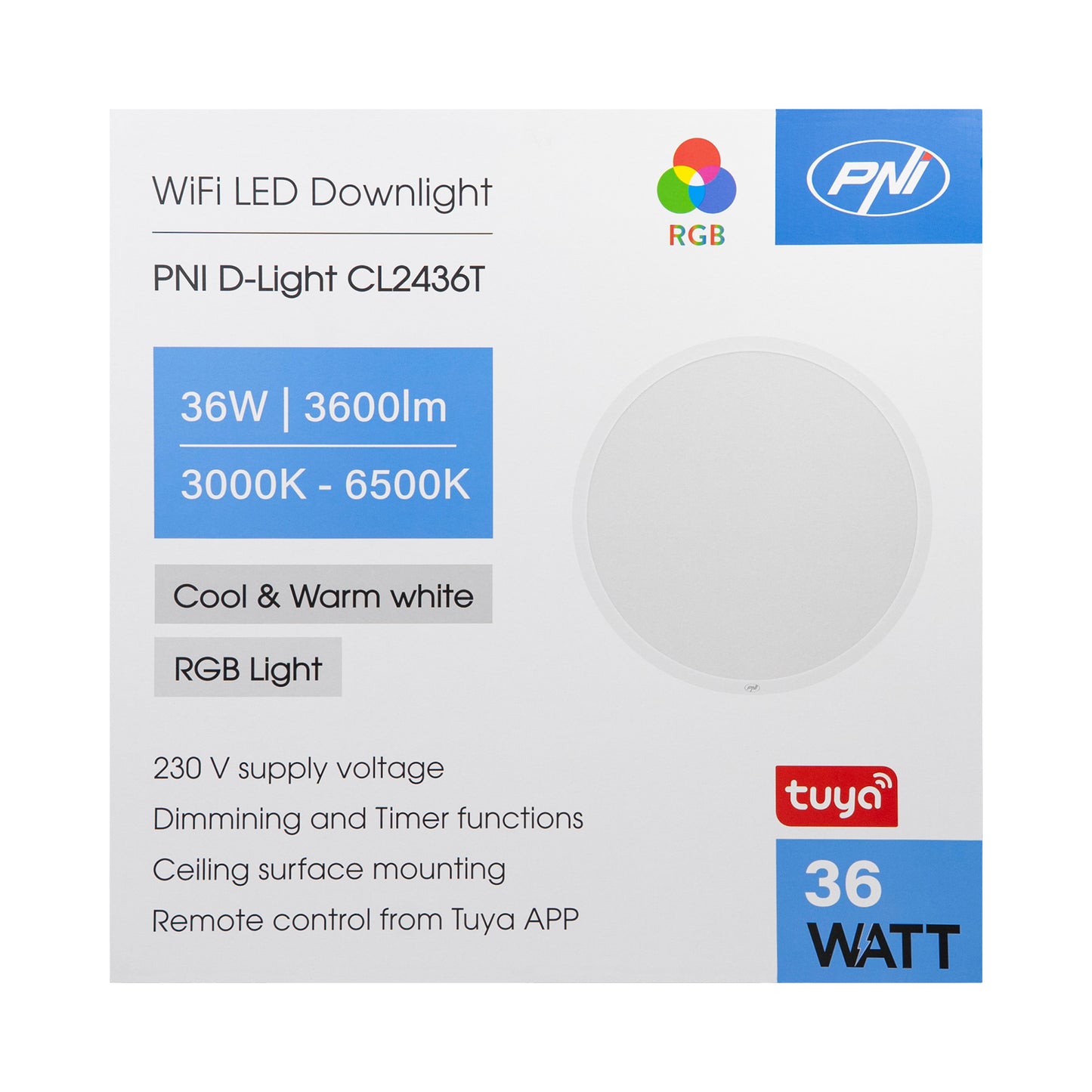 Plafoniera LED PNI D-Light CL2436T Wi-Fi, RGBW, 36W, dimabila, rotunda 41 cm, 3000K-6500K, alimentare 230V, 3600 lm, alb, control din Tuya app