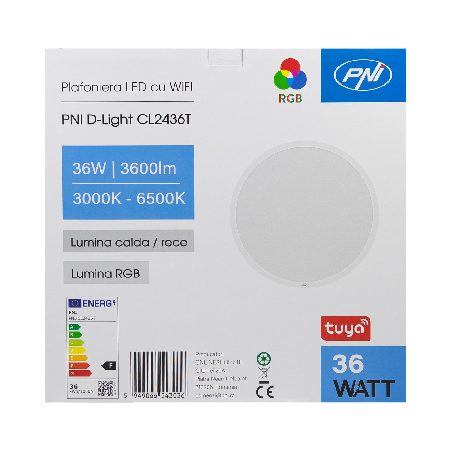 Plafoniera LED PNI D-Light CL2436T Wi-Fi, RGBW, 36W, dimabila, rotunda 41 cm, 3000K-6500K, alimentare 230V, 3600 lm, alb, control din Tuya app