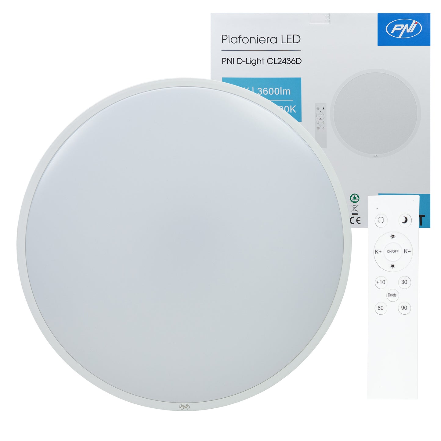 Plafoniera LED PNI D-Light CL2436D 36W, dimabila, cu telecomanda, rotunda 41 cm, 3000K-6500K, alimentare 230V, 3600 lm, alb