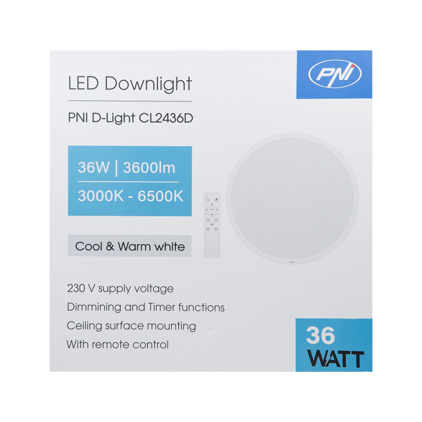 Plafoniera LED PNI D-Light CL2436D 36W, dimabila, cu telecomanda, rotunda 41 cm, 3000K-6500K, alimentare 230V, 3600 lm, alb