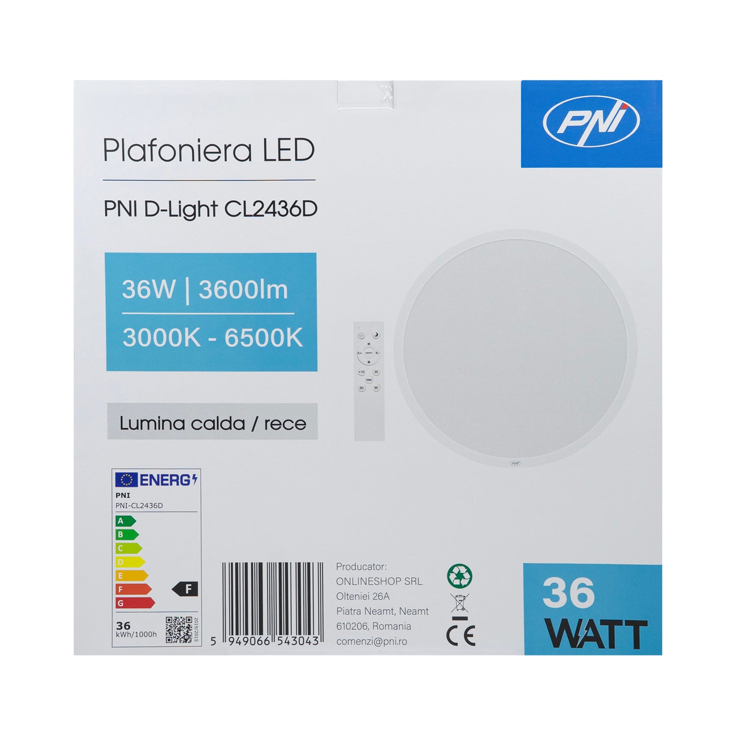 Plafoniera LED PNI D-Light CL2436D 36W, dimabila, cu telecomanda, rotunda 41 cm, 3000K-6500K, alimentare 230V, 3600 lm, alb