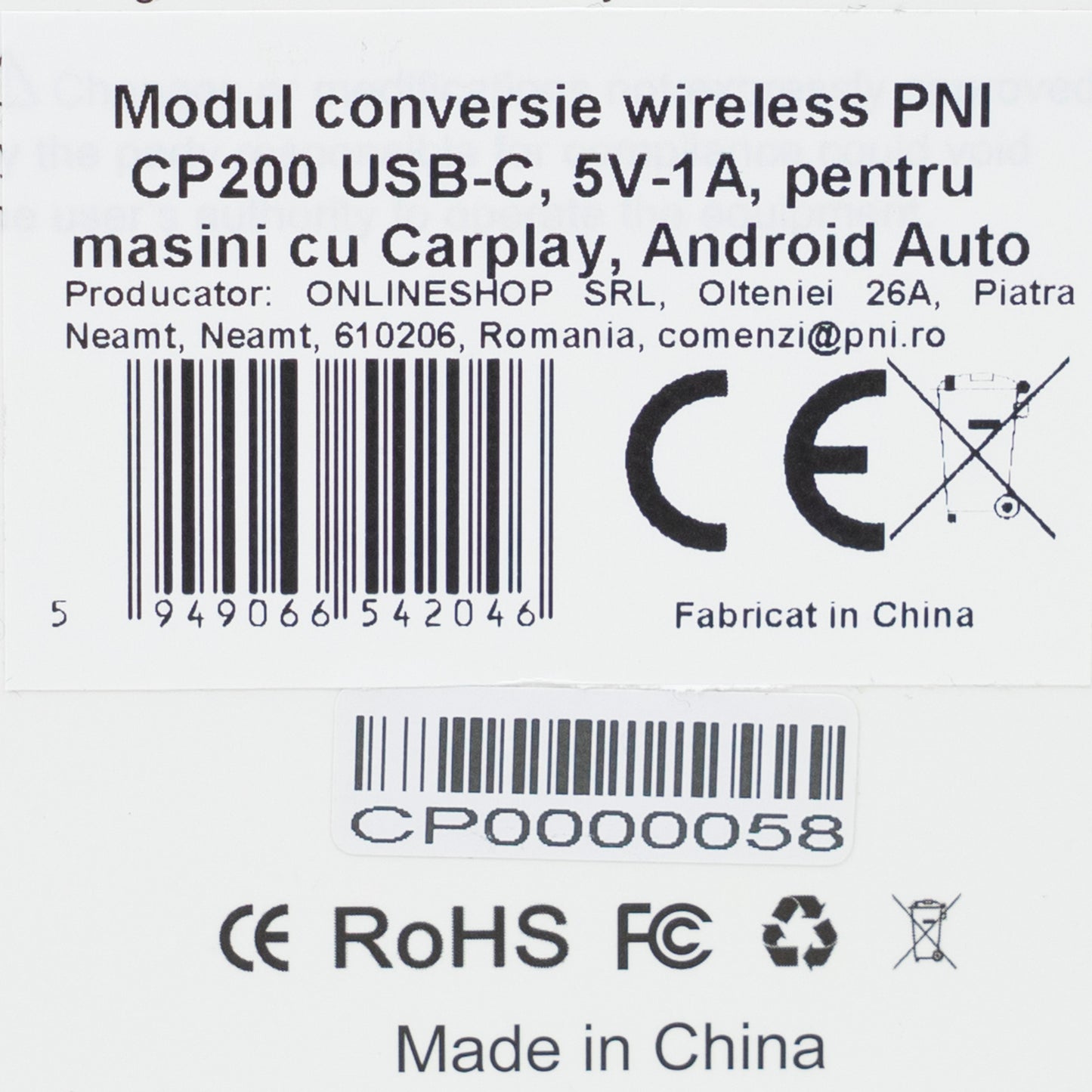 Modul conversie wireless PNI CP200 USB-C, 5V-1A, pentru masini cu Carplay, Android Auto din fabrica prin cablu