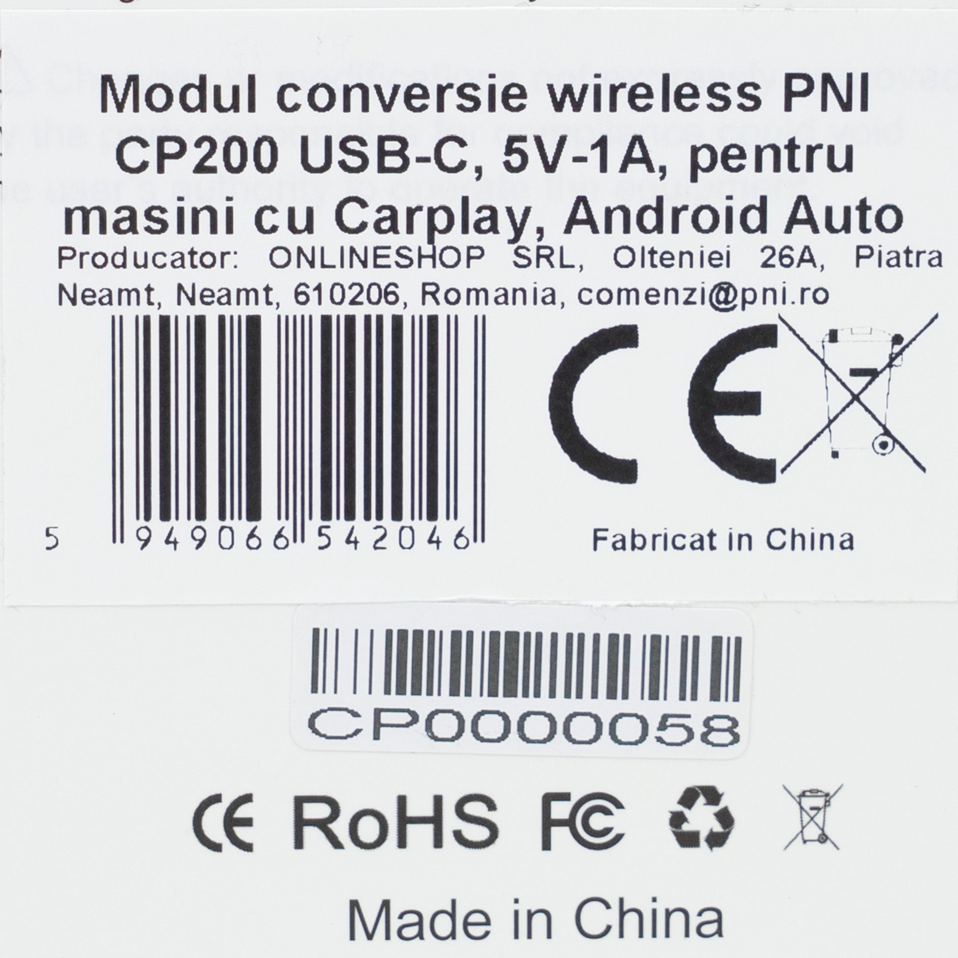 Modul conversie wireless PNI CP200 USB-C, 5V-1A, pentru masini cu Carplay, Android Auto din fabrica prin cablu