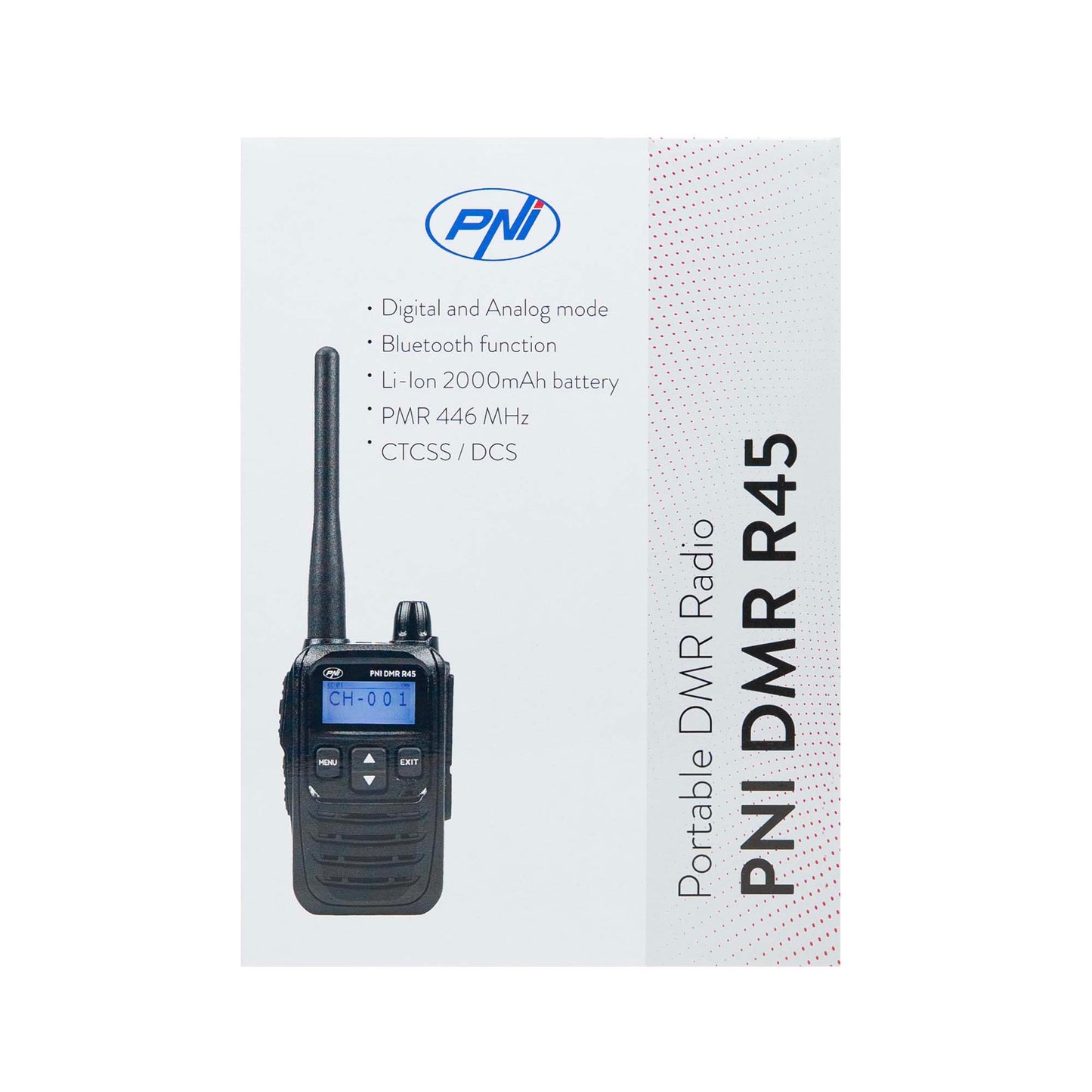 Statie radio portabila PNI DMR R45, digital si analogic, 446MHz, 16 canale digitale si 99 canale analogice, functie inregistrare voce, baterie Li-Ion 2000mAh