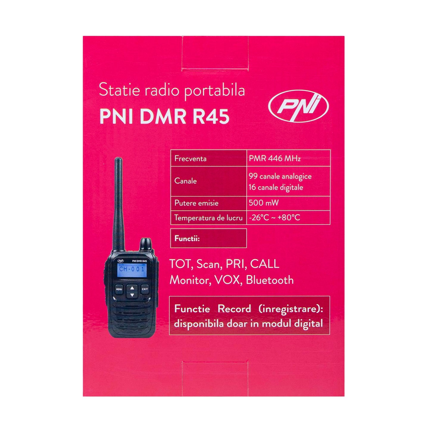 Statie radio portabila PNI DMR R45, digital si analogic, 446MHz, 16 canale digitale si 99 canale analogice, functie inregistrare voce, baterie Li-Ion 2000mAh