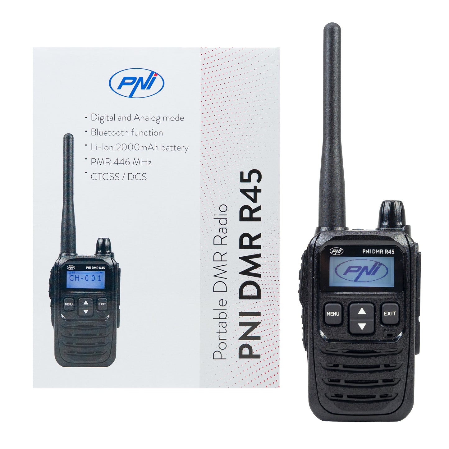 Statie radio portabila PNI DMR R45, digital si analogic, 446MHz, 16 canale digitale si 99 canale analogice, functie inregistrare voce, baterie Li-Ion 2000mAh