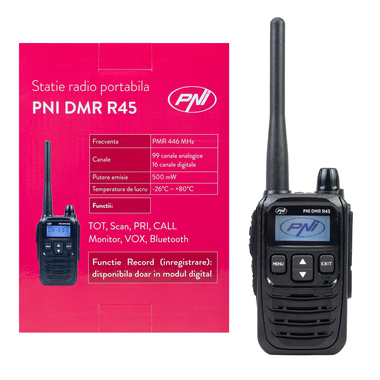 Statie radio portabila PNI DMR R45, digital si analogic, 446MHz, 16 canale digitale si 99 canale analogice, functie inregistrare voce, baterie Li-Ion 2000mAh