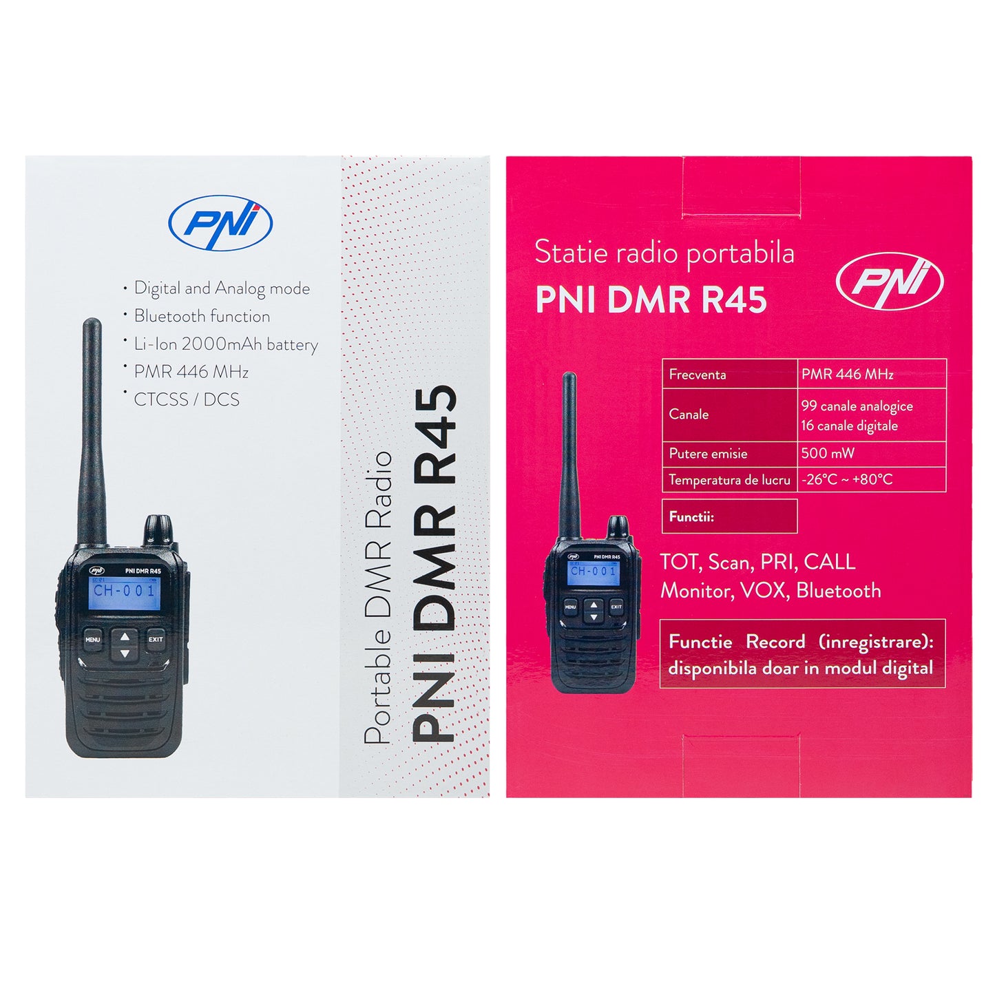 Statie radio portabila PNI DMR R45, digital si analogic, 446MHz, 16 canale digitale si 99 canale analogice, functie inregistrare voce, baterie Li-Ion 2000mAh