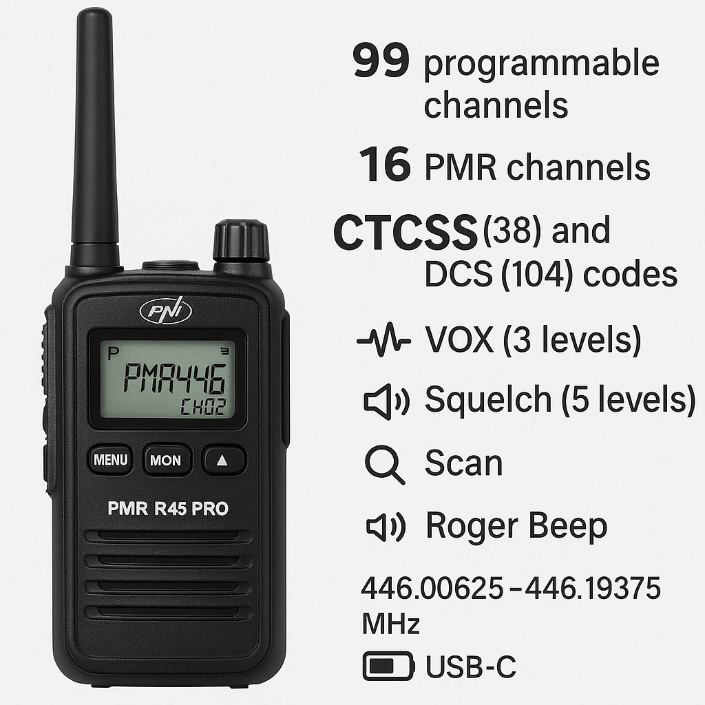 Statie radio portabila PNI PMR R45 PRO 446MHz, 0.5W, 99 canale programabile, 16 PMR si tonuri 38 CTCSS si 104 DCS, Squelch 5 niveluri, VOX, TOT, BCL, Scan, Roger Beep