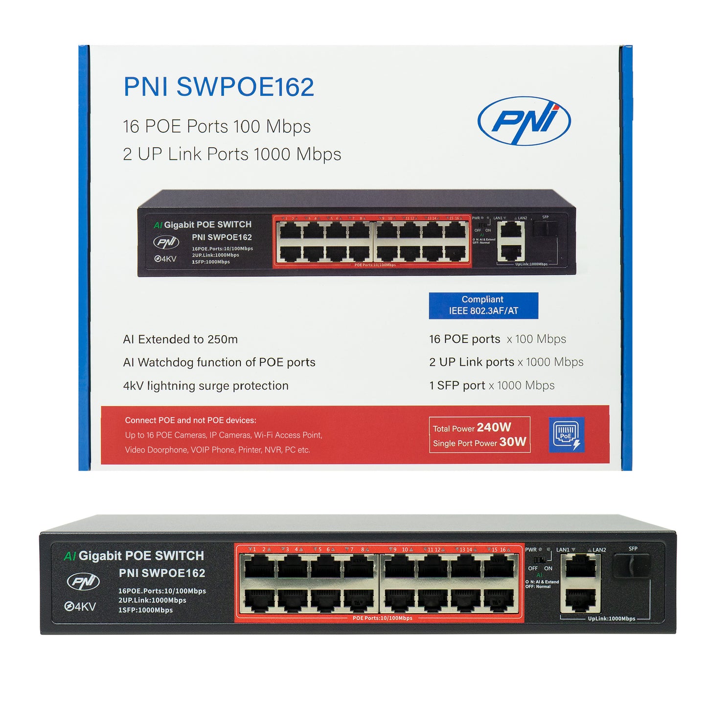 Switch POE PNI SWPOE162, 16 porturi POE 100 Mbps, 2 porturi UP Link 1000 Mbps, 1 port SFP 1000Mbps, 240W, functie AI Extend pana la 250m, protectie fulger 4kV