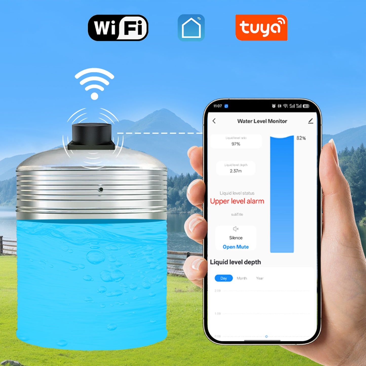 Senzor inteligent cu ultrasunete PNI SafeHome PT255S WiFi pentru nivel lichid pana la 4m aplicatie de mobil Tuya Smart