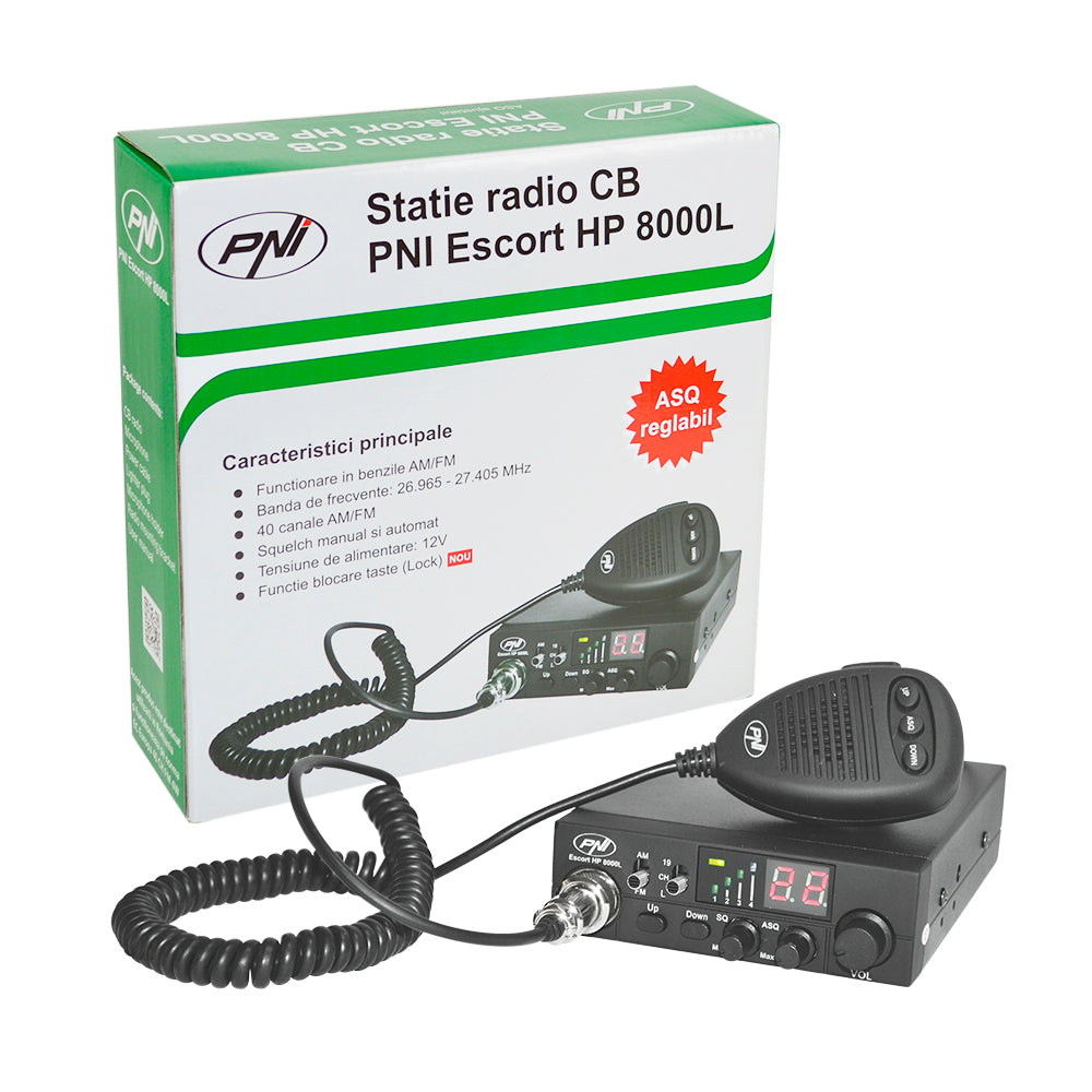 Statie radio CB PNI Escort HP 8000L cu ASQ reglabil, 12V, 4W, Lock, mufa de bricheta inclusa