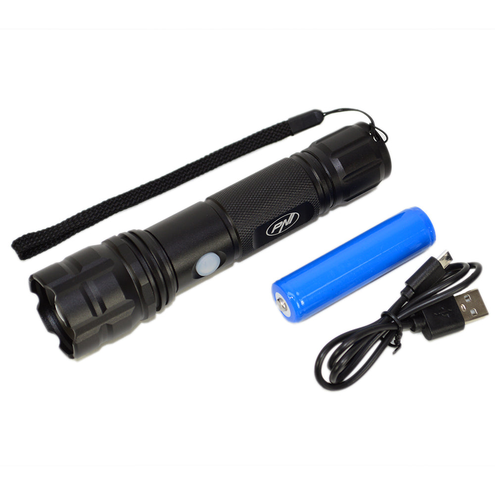 Lanterna PNI Adventure F10 din aluminiu cu LED 1x6W, 500lm pana la 200m focus, cu acumulator si port USB-C