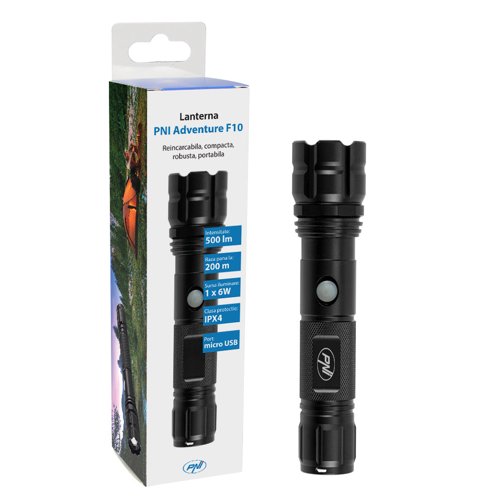 Lanterna PNI Adventure F10 din aluminiu cu LED 1x6W, 500lm pana la 200m focus, cu acumulator si port USB-C