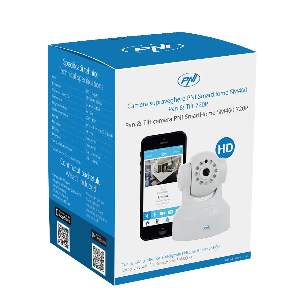 Camera supraveghere PNI SmartHome SM460 pan & tilt 720p controlabila prin internet, inregistreaza foto-video pe telefon