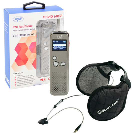 Reportofon audio video PNI RedStone 1080P card 8GB + Cadou Casti Midland Subzero