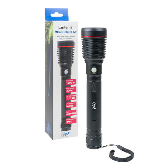 Lanterna PNI Adventure F420 din aluminiu cu led 1000lm pana la 420m, acumulator 8000 mAh, functioneaza 10 ore continuu, incarcare micro USB