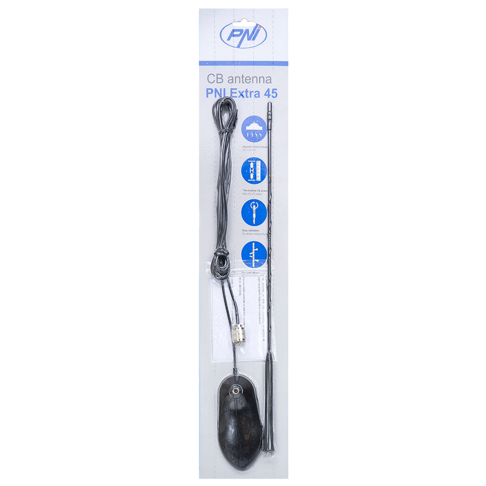 Antena CB PNI Extra 45, cu magnet inclus, lungime 45 cm, SWR 1.0, 26-30MHz, 150W, fibra de sticla