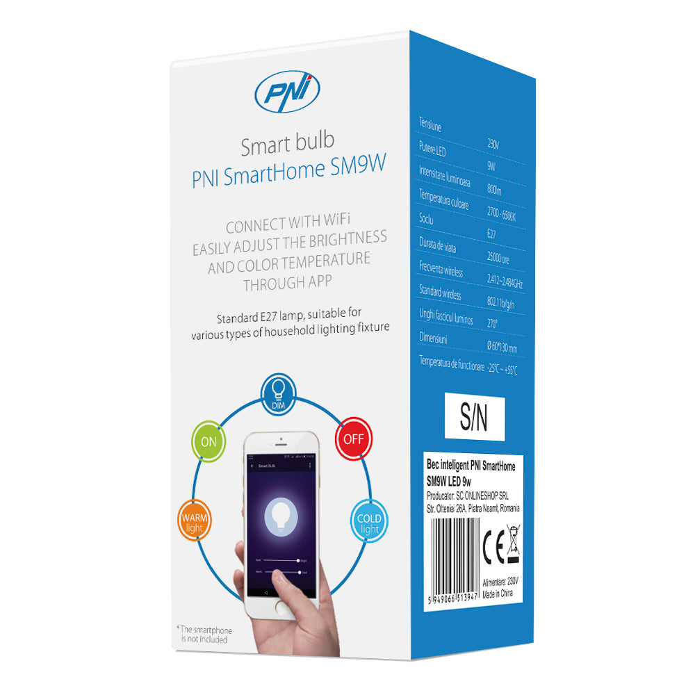 Bec inteligent PNI SmartHome SM9W LED 9w cu lumina reglabila, programabil WiFi compatibil cu Google Home, Alexa