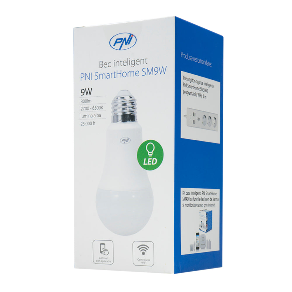 Bec inteligent PNI SmartHome SM9W LED 9w cu lumina reglabila, programabil WiFi compatibil cu Google Home, Alexa