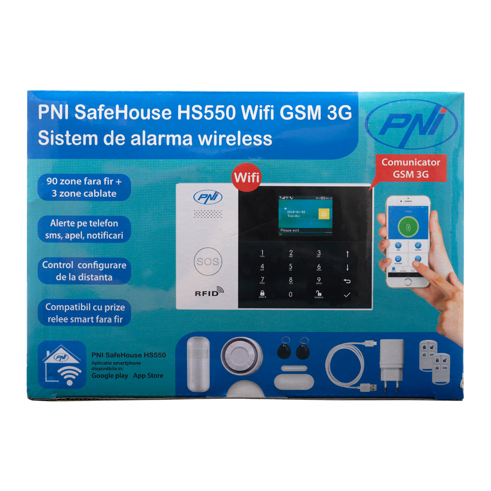 Sistem de alarma wireless PNI SafeHouse HS550 Wifi GSM 3G cu monitorizare si alerta prin Internet,SMS, apel vocal, maxim 90 zone wireless si 3 zone cablate