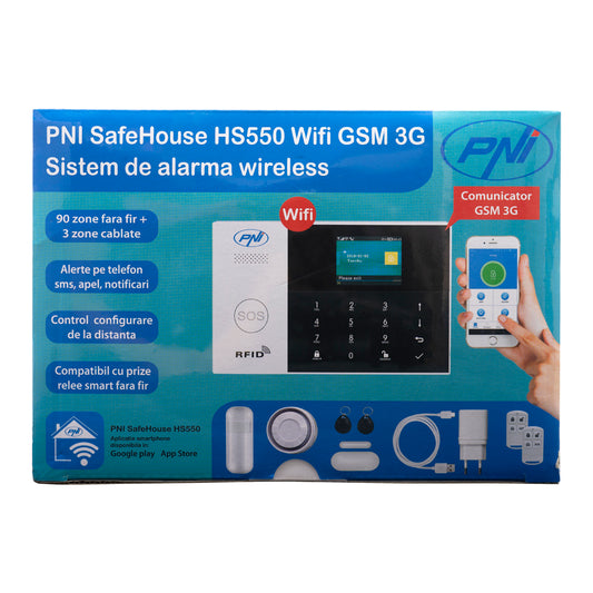 Sistem de alarma wireless PNI SafeHouse HS550 Wifi GSM 3G cu monitorizare si alerta prin Internet,SMS, apel vocal, maxim 90 zone wireless si 3 zone cablate
