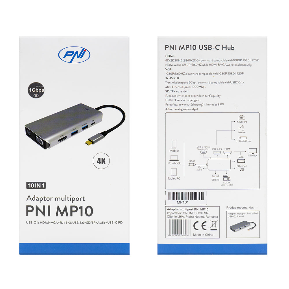 Adaptor multiport PNI MP10 USB-C la HDMI, VGA, 3 x USB 3.0, SD/TF, RJ45, audio 3.5, USB-C PD, 10 iesiri