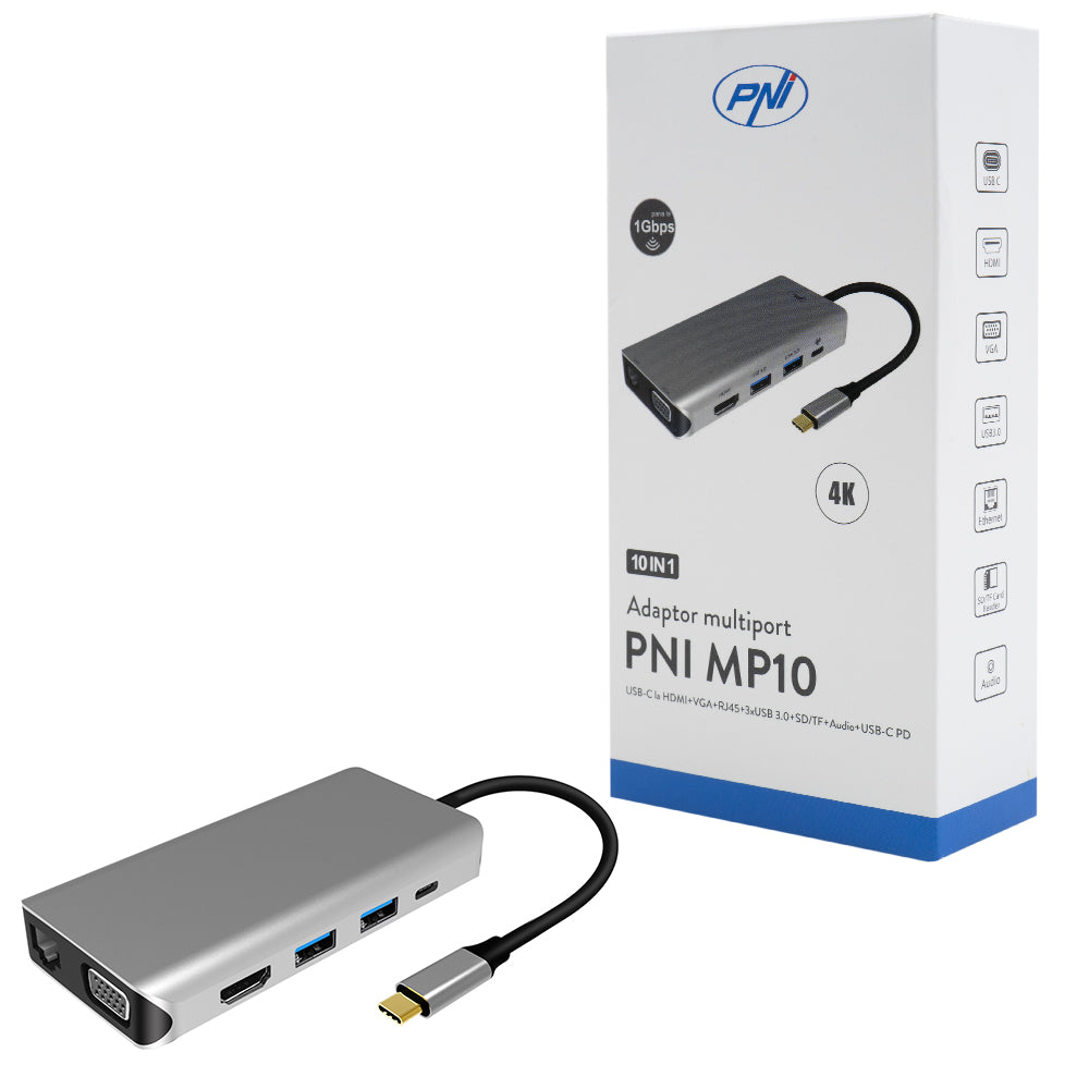 Adaptor multiport PNI MP10 USB-C la HDMI, VGA, 3 x USB 3.0, SD/TF, RJ45, audio 3.5, USB-C PD, 10 iesiri