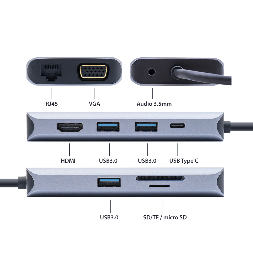 Adaptor multiport PNI MP10 USB-C la HDMI, VGA, 3 x USB 3.0, SD/TF, RJ45, audio 3.5, USB-C PD, 10 iesiri