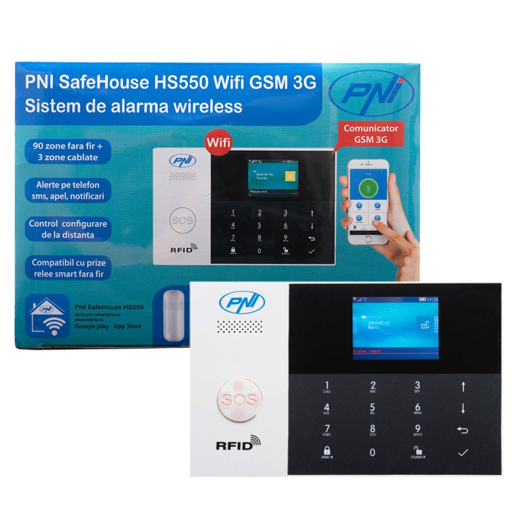 Sistem de alarma wireless PNI SafeHouse HS550 Wifi GSM 3G cu monitorizare si alerta prin Internet,SMS, apel vocal, maxim 90 zone wireless si 3 zone cablate
