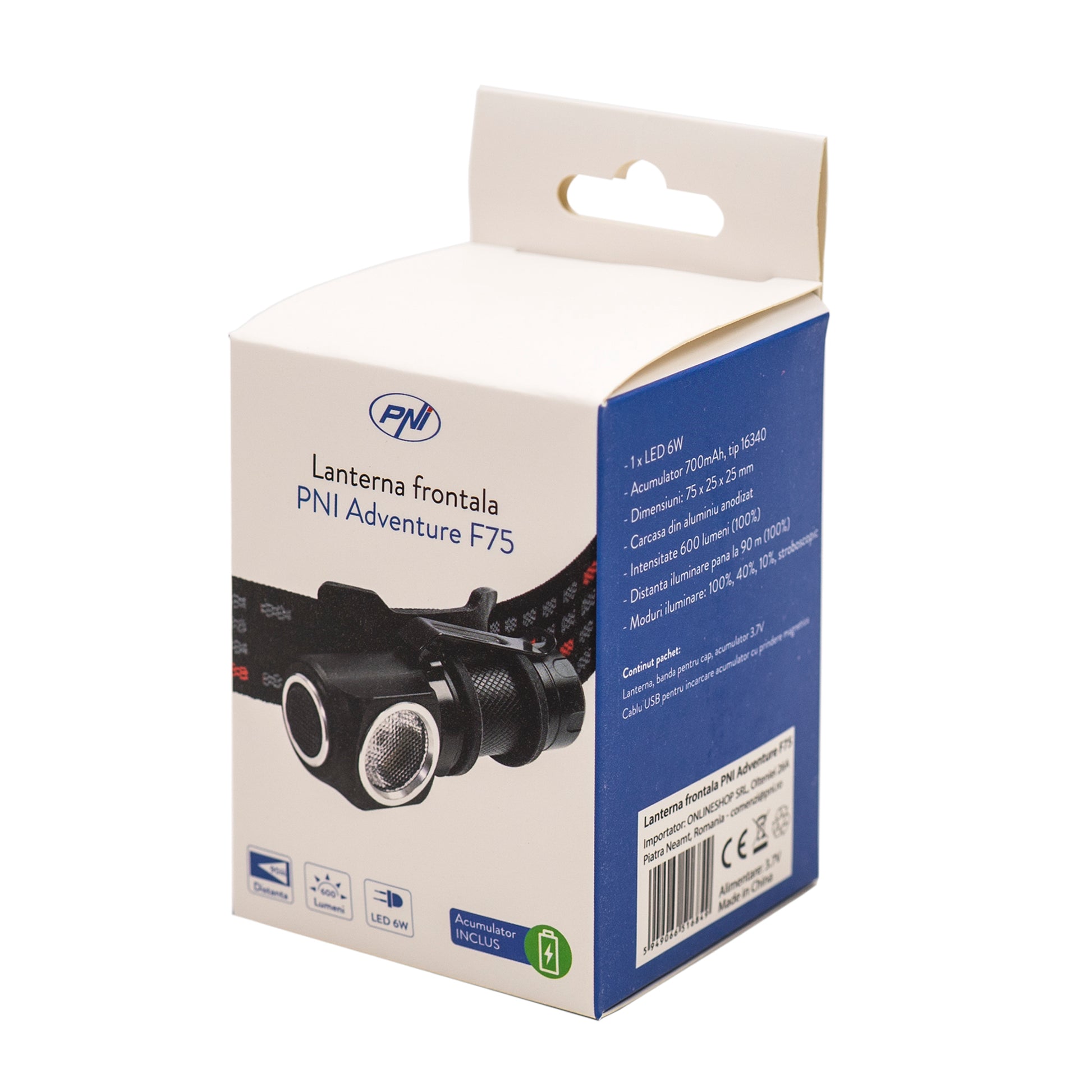 Lanterna frontala PNI Adventure F75 cu led 6W, 600 lm, din aluminiu, cu acumulator si incarcator magnetic cu USB