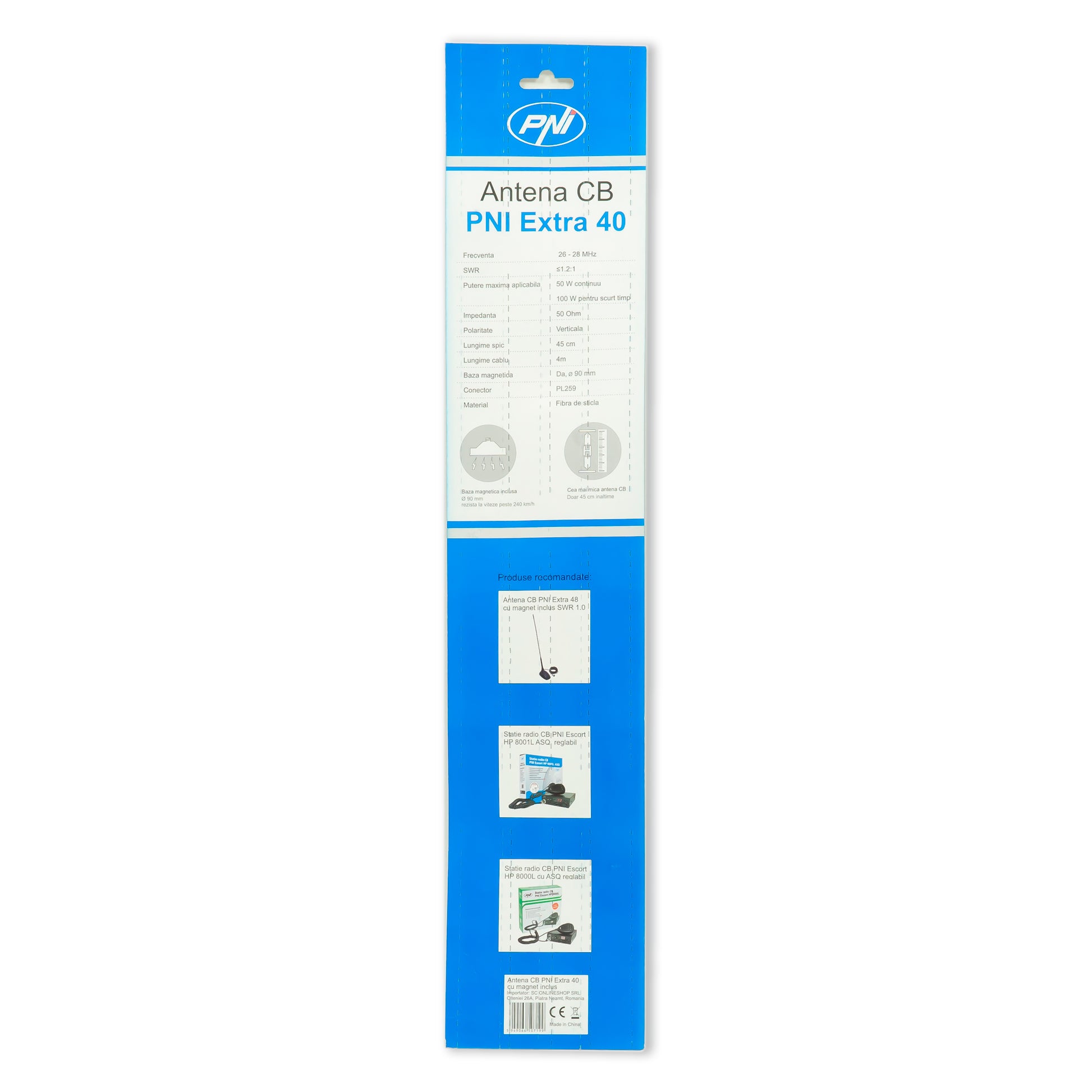 Antena CB PNI Extra 40, cu magnet inclus, lungime 45 cm, 30W, 26-30MHz, SWR 1.0, fibra de sticla