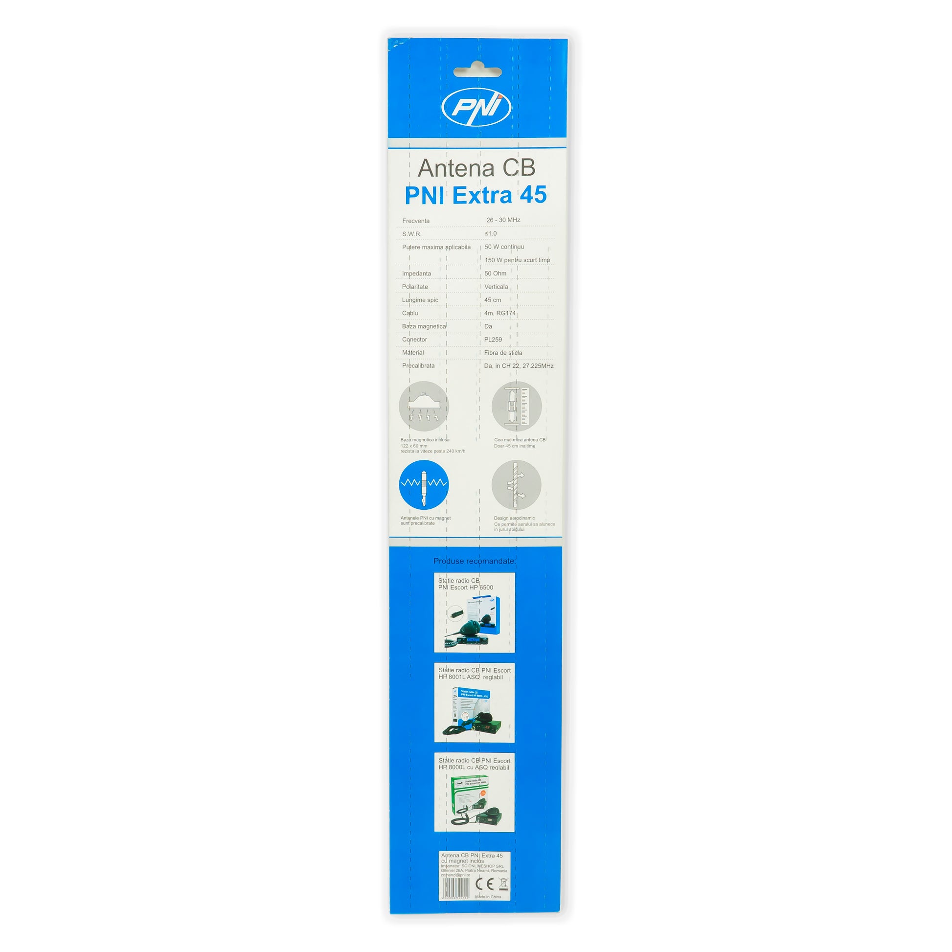 Antena CB PNI Extra 45, cu magnet inclus, lungime 45 cm, SWR 1.0, 26-30MHz, 150W, fibra de sticla