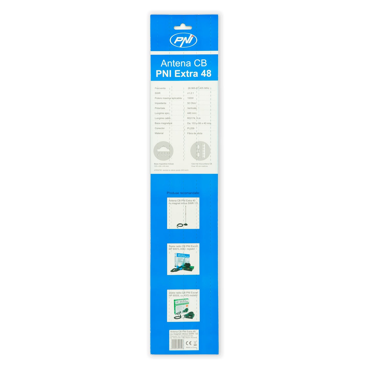 Antena CB PNI Extra 48, cu magnet inclus, 45 cm, 26-30MHz, 150W, SWR 1.0, fibra de sticla