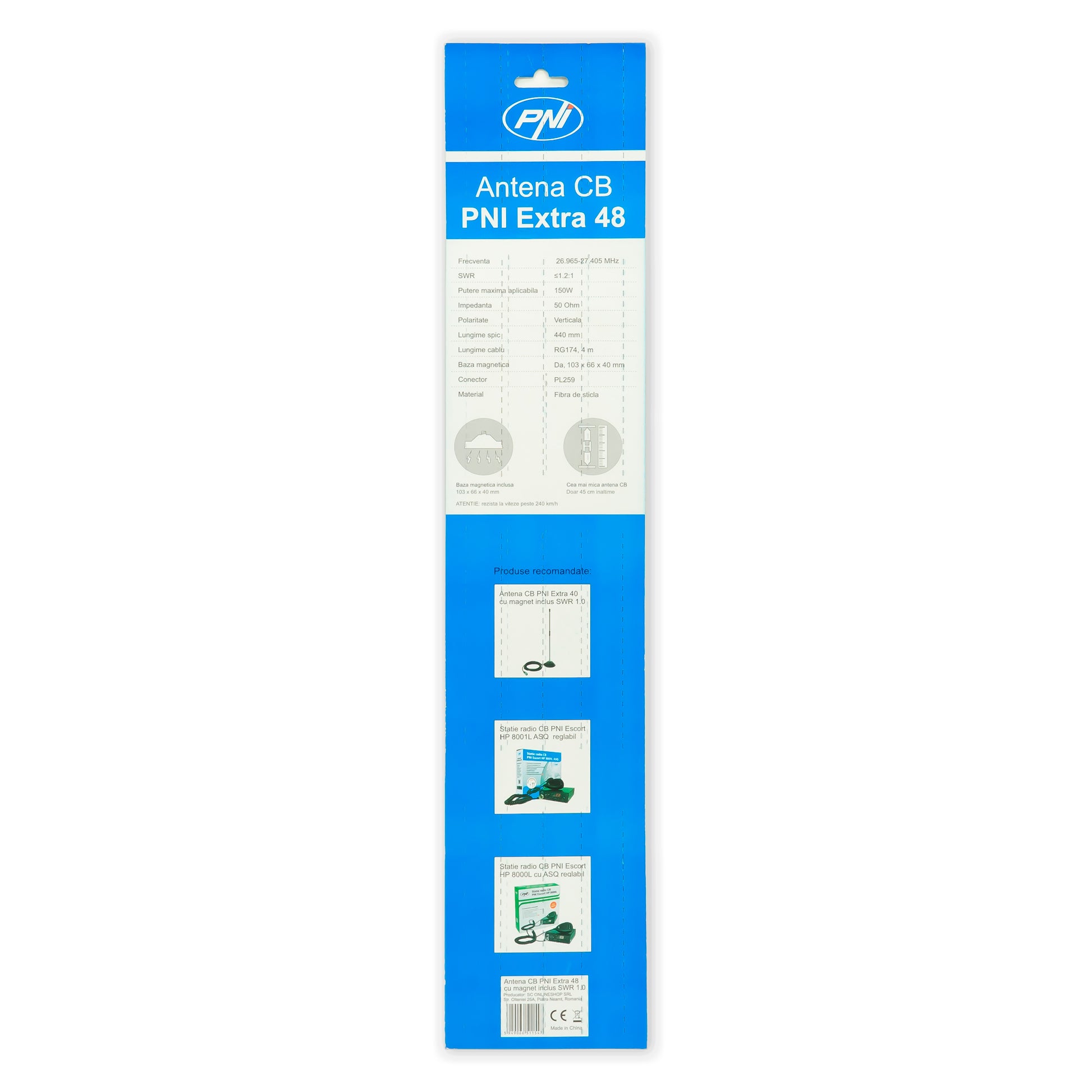 Antena CB PNI Extra 48, cu magnet inclus, 45 cm, 26-30MHz, 150W, SWR 1.0, fibra de sticla