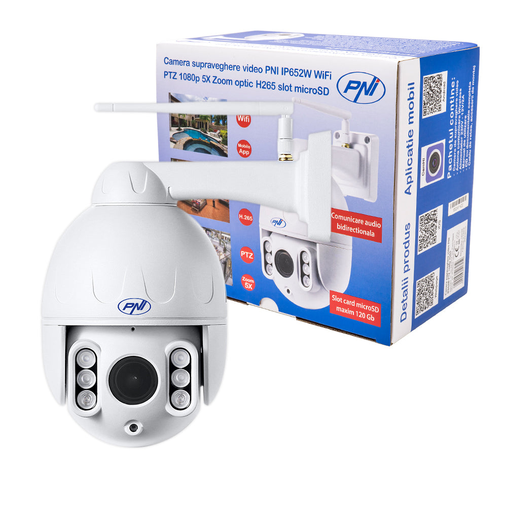 Camera supraveghere video PNI IP652W WiFi PTZ 1080p 2MP 5X Zoom optic, stand-alone, H265 slot microSD Night Vision 50m IP66 Alarma detectie miscare Comunicare audio bidirectionala