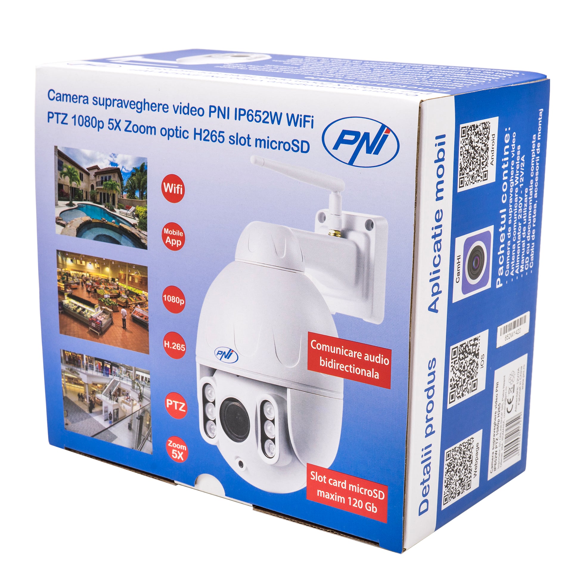 Camera supraveghere video PNI IP652W WiFi PTZ 1080p 2MP 5X Zoom optic, stand-alone, H265 slot microSD Night Vision 50m IP66 Alarma detectie miscare Comunicare audio bidirectionala
